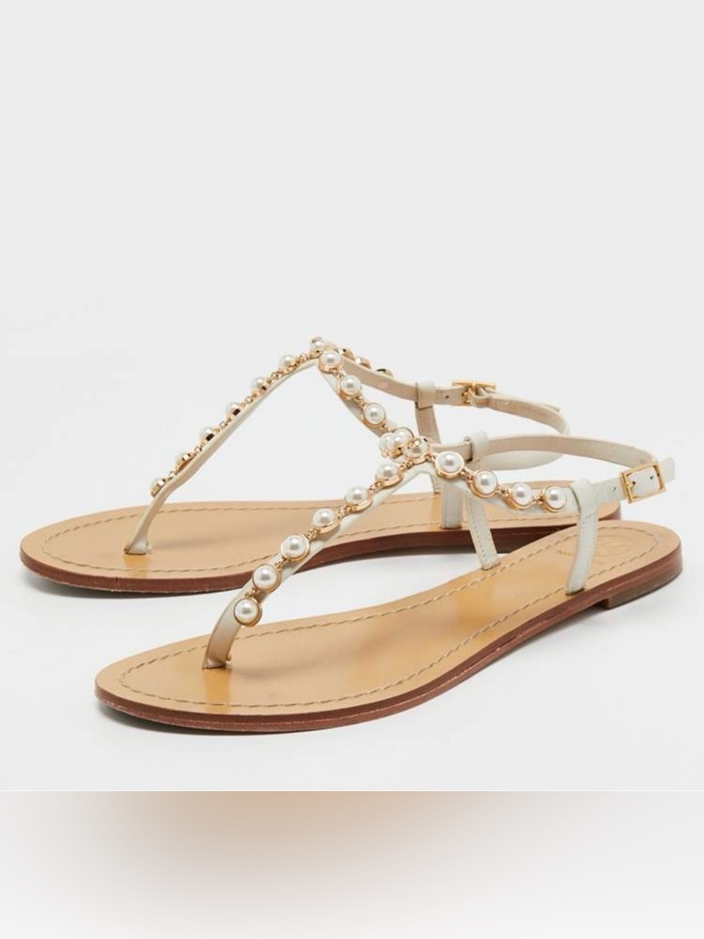 Tory Burch Emmy White Faux Pearl Leather T Strap Sandals 6.5M